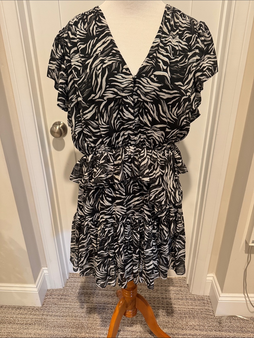 The Kooples Black & White Zebra-Print V-Neck Tiered Mini Dress